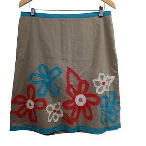 Boden Cotton Applique Floral Lined A-Line Skirt Size 14 Khaki Blue Coral Raw Hem